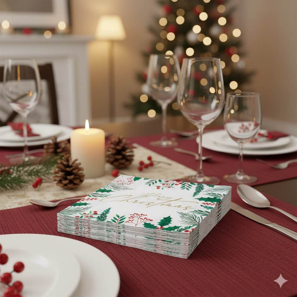 Șervețele de Crăciun cu ramuri verzi și text auriu (set 20 buc) - CraftUp