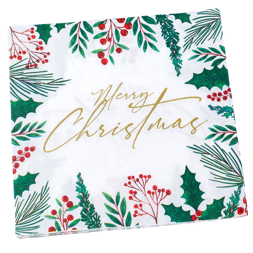 Șervețele de Crăciun cu ramuri verzi și text auriu (set 20 buc) - CraftUp