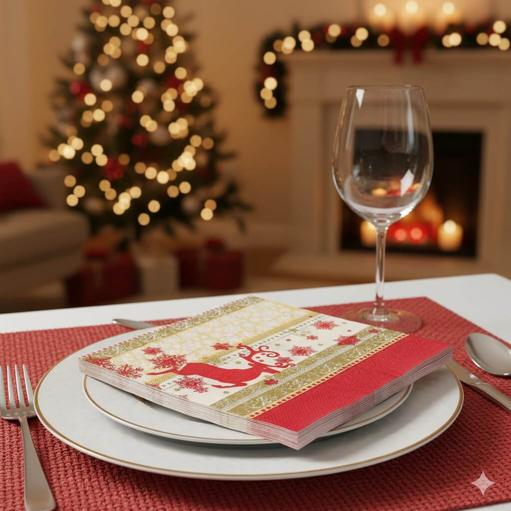 Șervețele de Crăciun cu ren roșu și benzi aurii (set 20 buc) - CraftUp