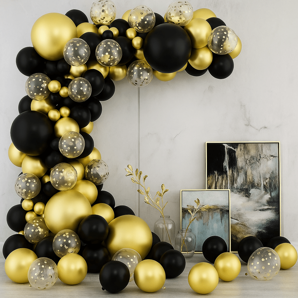 Set 100 baloane stil arcadă - model 8 negru și auriu - CraftUp