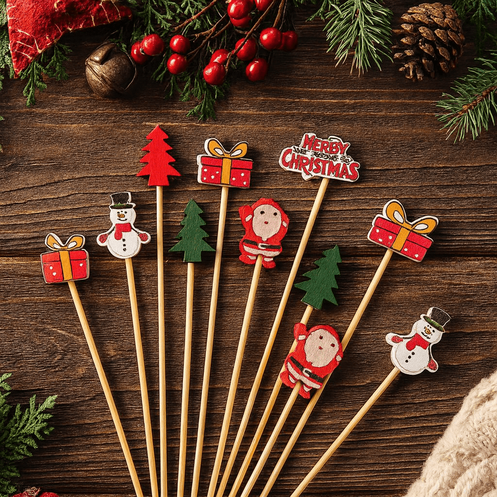 Set 100 bețișoare Crăciun din lemn cu om de zăpadă și brad - CraftUp