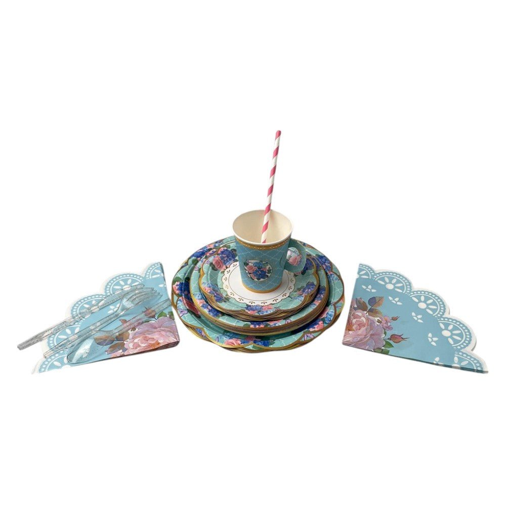 Set 148 articole petrecere - farfurii hârtie, pahare cu farfurioare, tacâmuri, paie și șervetele - bleu - CraftUp