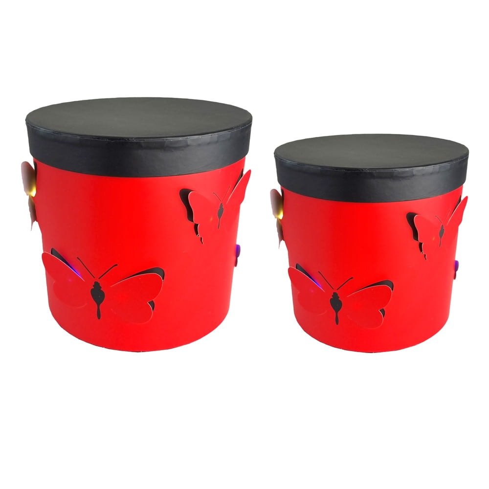 Set 2 cutii rotunde cu fluturi și lumini - roșu - CraftUp