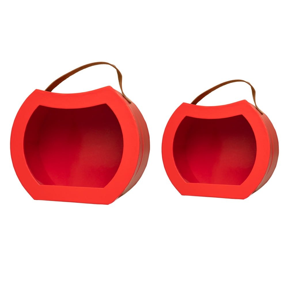 Set 2 cutii rotunjite cu mâner maro și fereastră - roșu - CraftUp