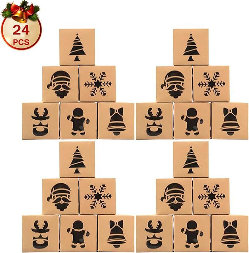 Set 24 cutii de Crăciun cu 6 modele de ferestre diferite - kraft - CraftUp