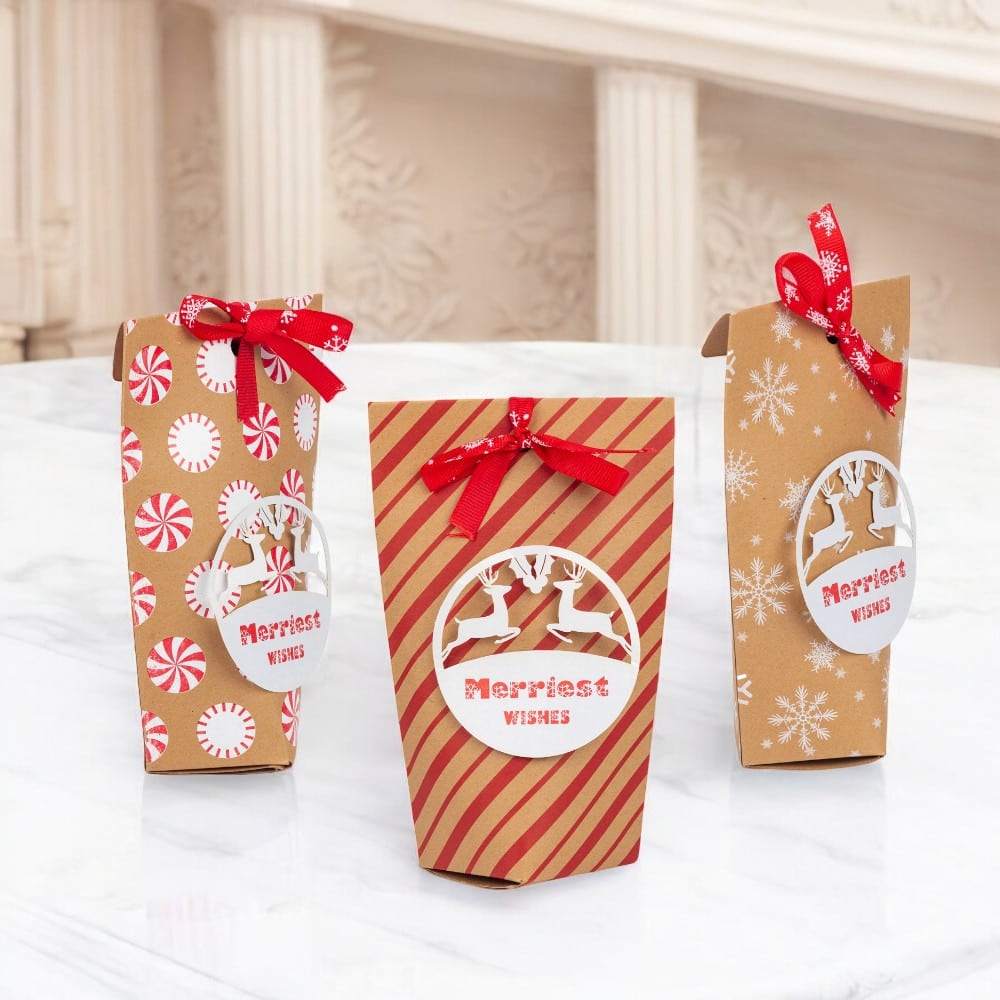 Set 24 pungi 3 modele diferite de Crăciun cu fundă și etichetă reni - kraft - CraftUp