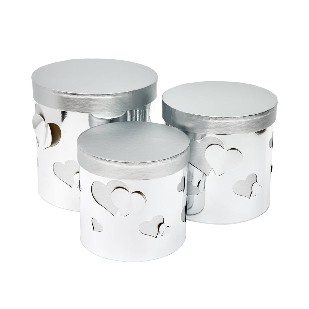 Set 3 cutii rotunde lucioase cu inimi - argintiu - CraftUp