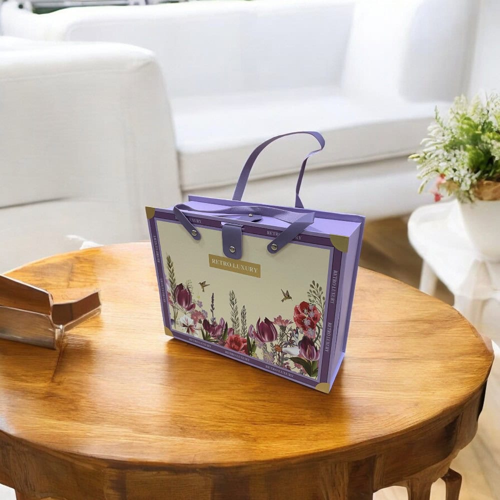 Set 3 cutii stil gentuță pentru cadouri cu mâner model retro - mov - CraftUp