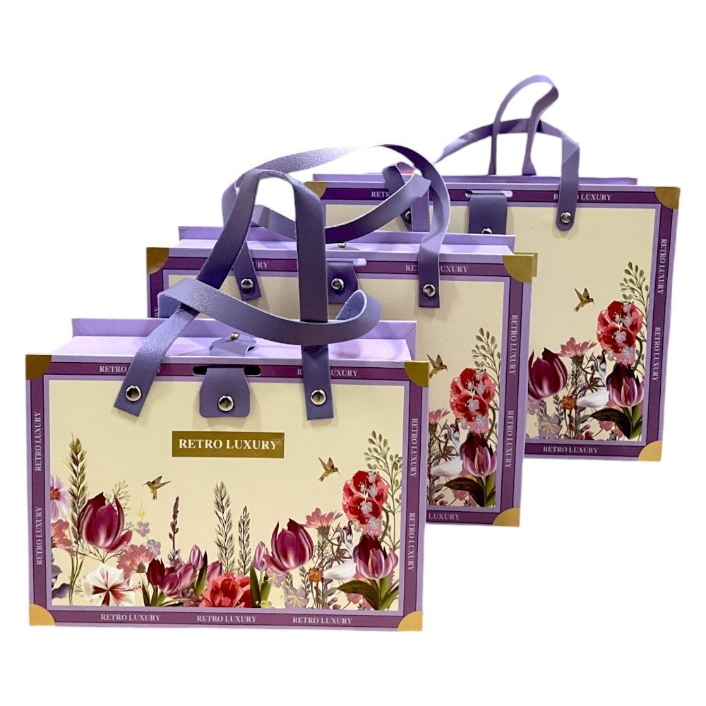 Set 3 cutii stil gentuță pentru cadouri cu mâner model retro - mov - CraftUp