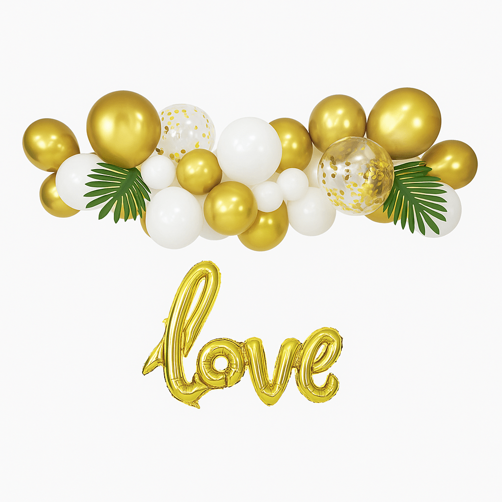 Set 38 baloane stil arcadă cu frunze și text love - model 1 galben și alb - CraftUp