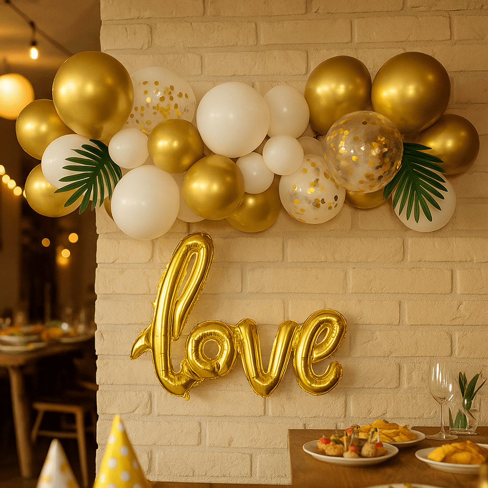 Set 38 baloane stil arcadă cu frunze și text love - model 1 galben și alb - CraftUp