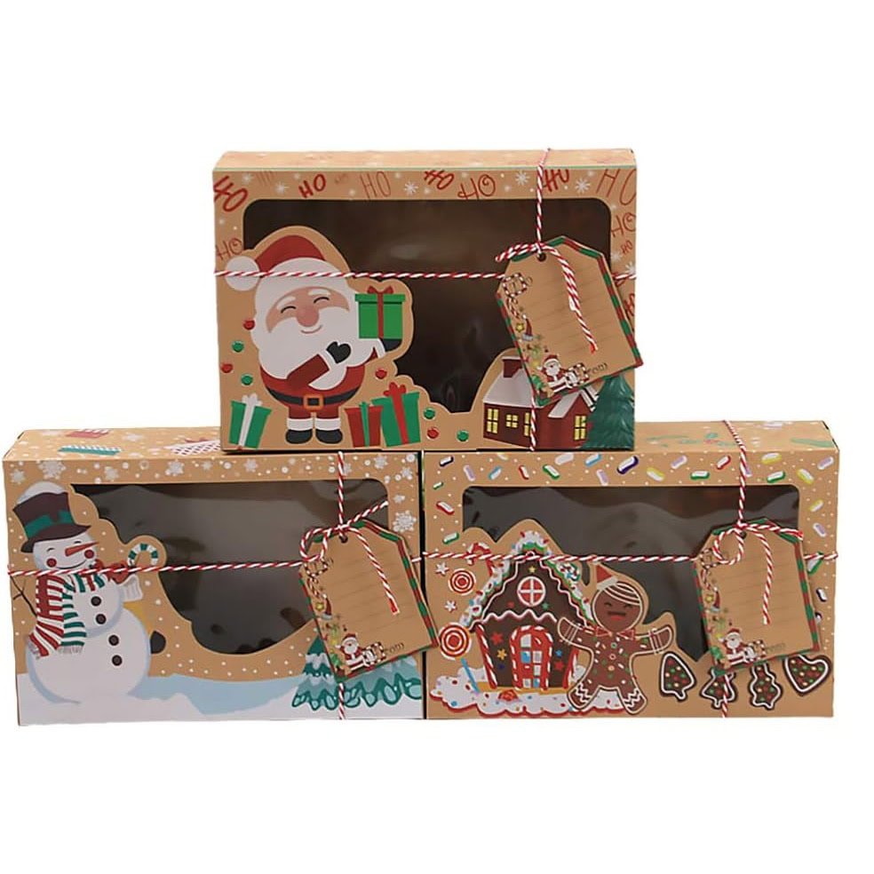 Set 6 cutii Crăciun 3 modele cu fereastră etichetă si sfoară - kraft - CraftUp