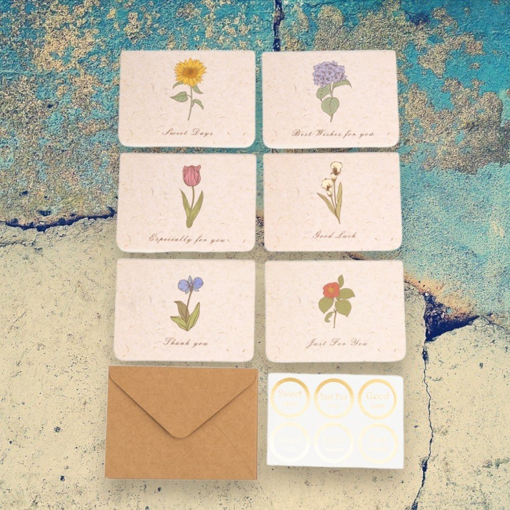 Set 6 felicitări diferite model floral cu text și sticker - bej - CraftUp