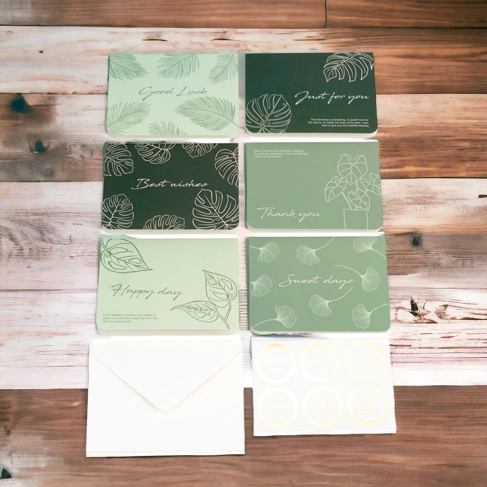 Set 6 felicitări diferite model floral cu text și sticker - verde - CraftUp