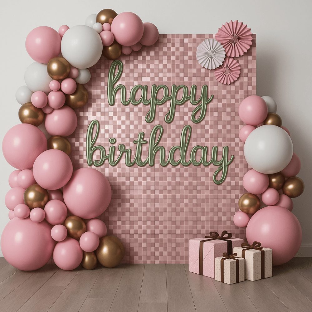 Set 70 baloane stil arcadă Happy Birthday - model 2 roz - CraftUp