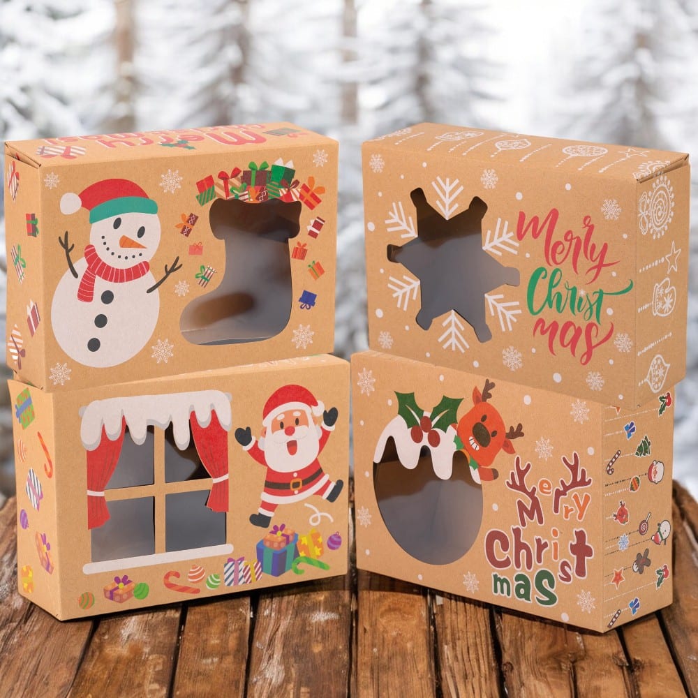 Set 8 cutii Crăciun 4 modele cu fereastră, etichetă si sfoară - kraft - CraftUp