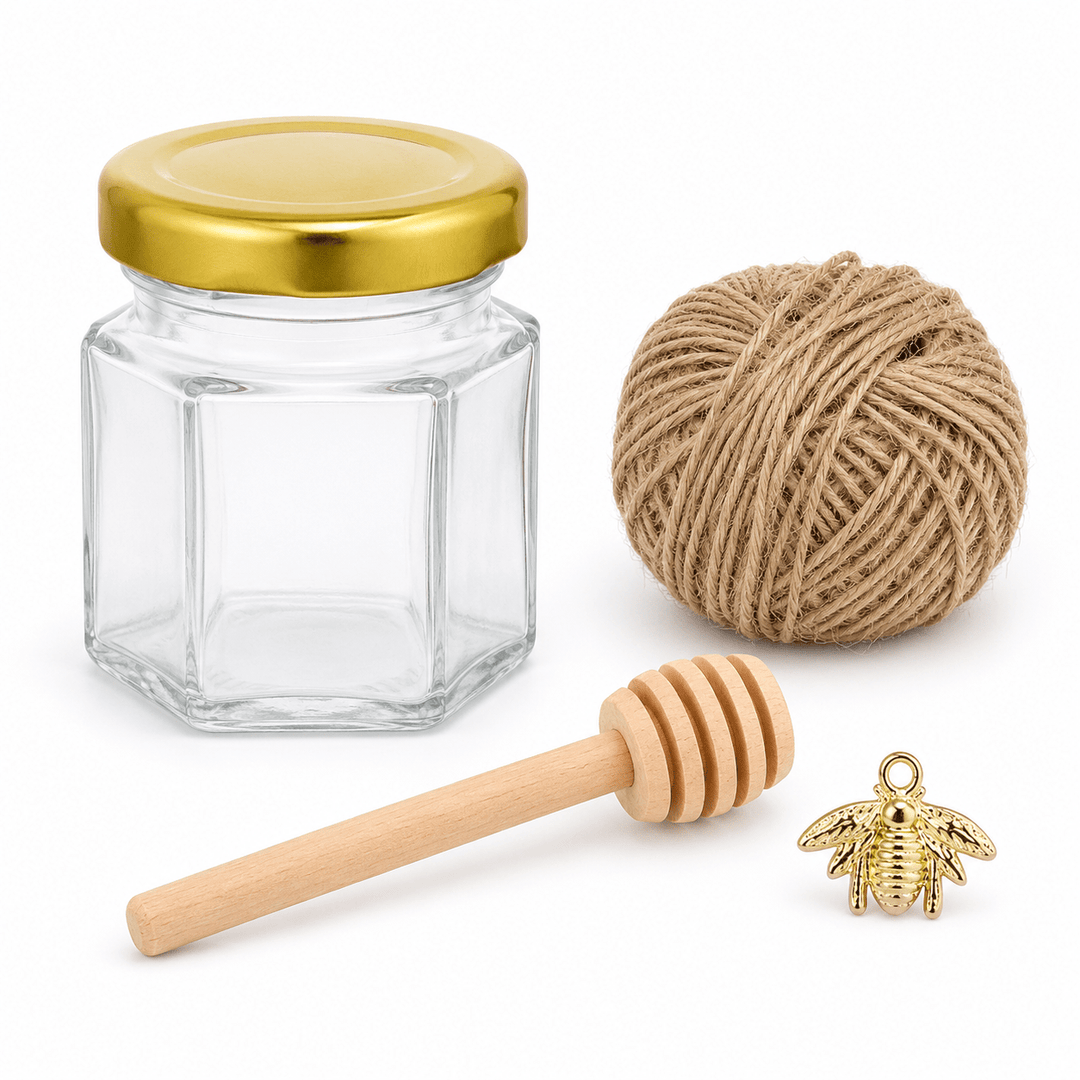 Set borcan hexagonal pentru miere cu lingură și pandantiv (cutie 30 de seturi) - CraftUp