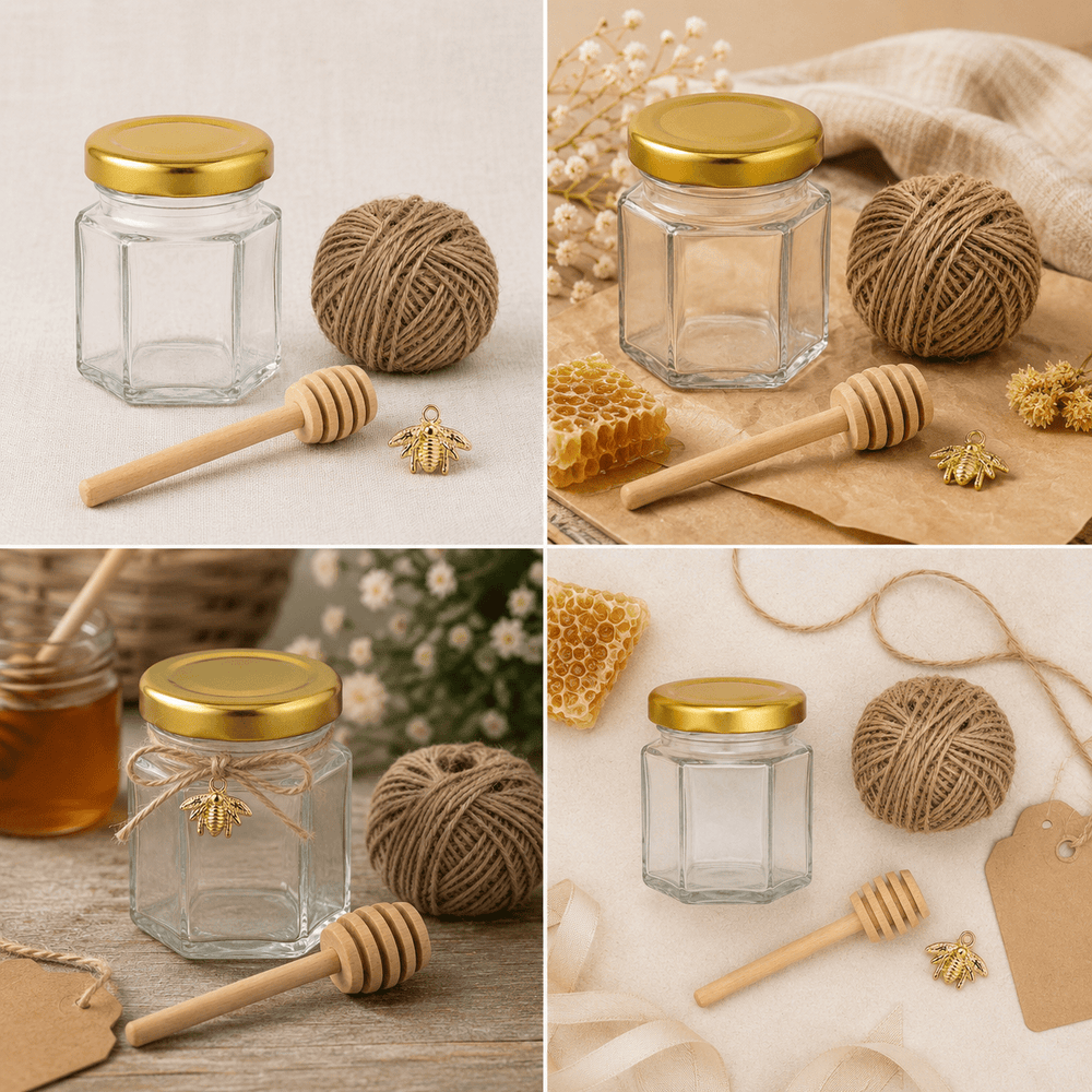 Set borcan hexagonal pentru miere cu lingură și pandantiv (cutie 30 de seturi) - CraftUp