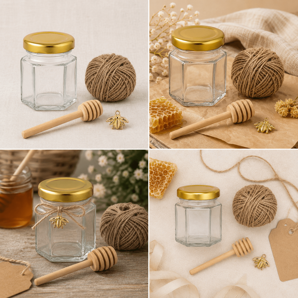 Set borcan hexagonal pentru miere cu lingură și pandantiv (cutie 30 de seturi) - CraftUp