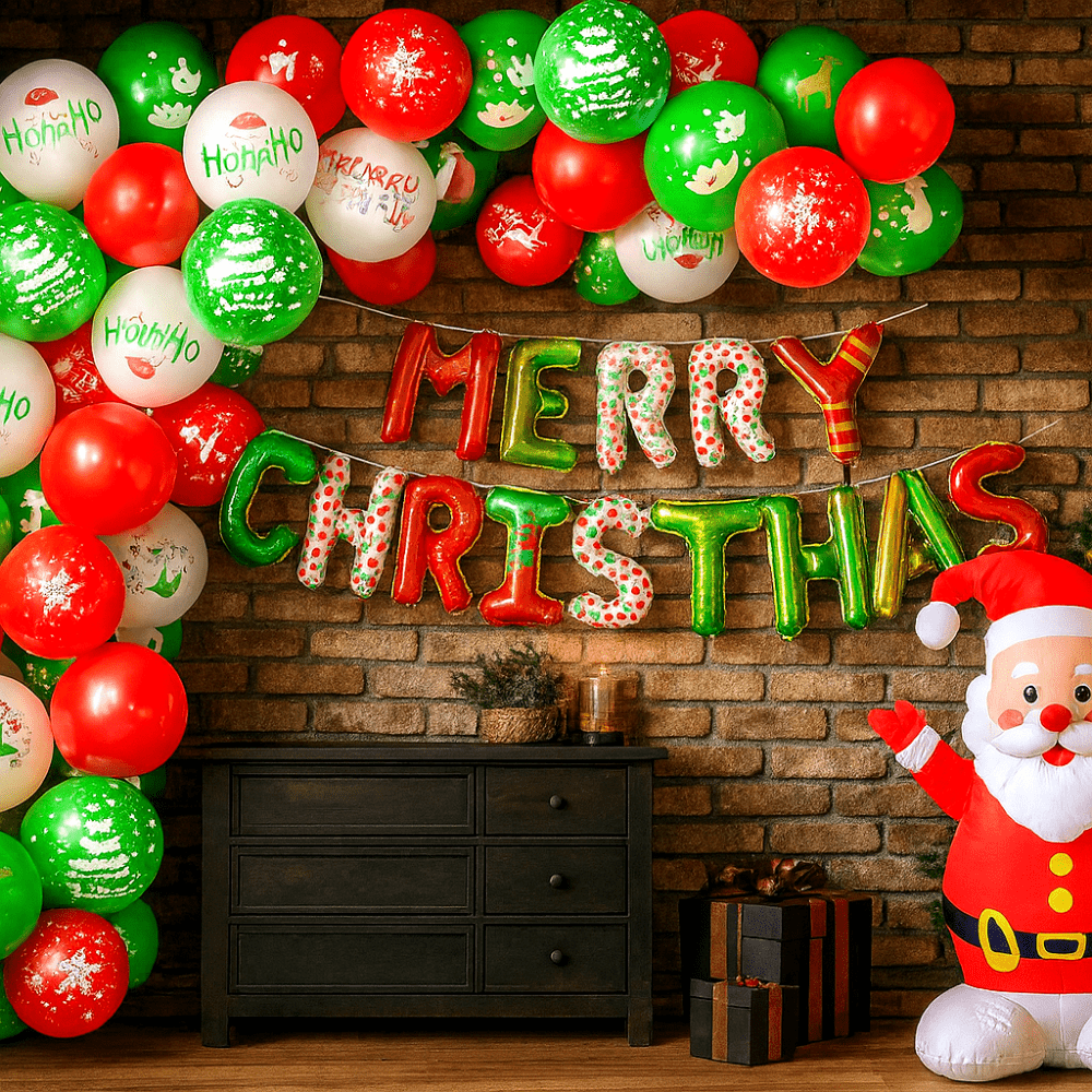 Set decor baloane Crăciun 115 piese cu arc, folie Merry Christmas și Moș Crăciun - CraftUp