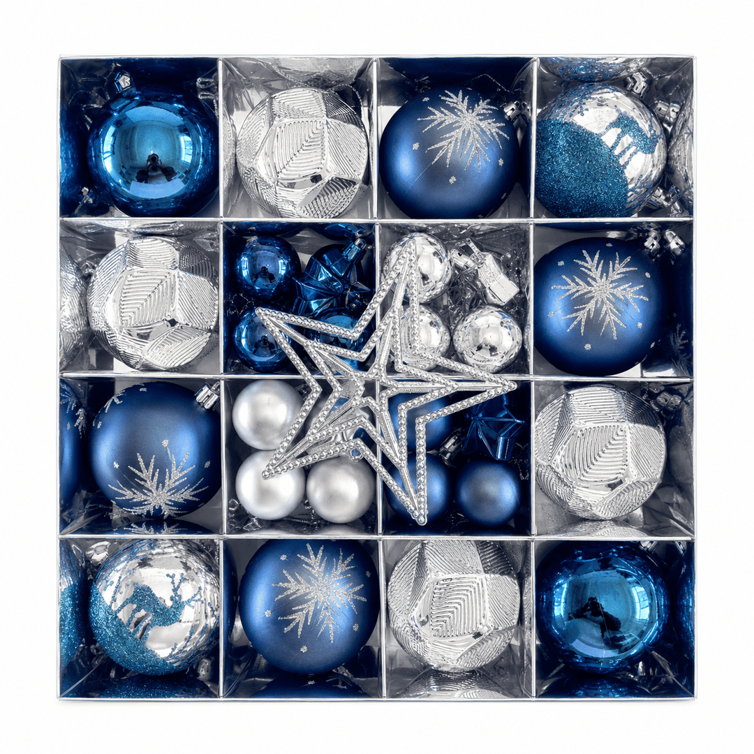 Set decorațiuni brad de Crăciun - albastru și argintiu (set 45 buc) - CraftUp