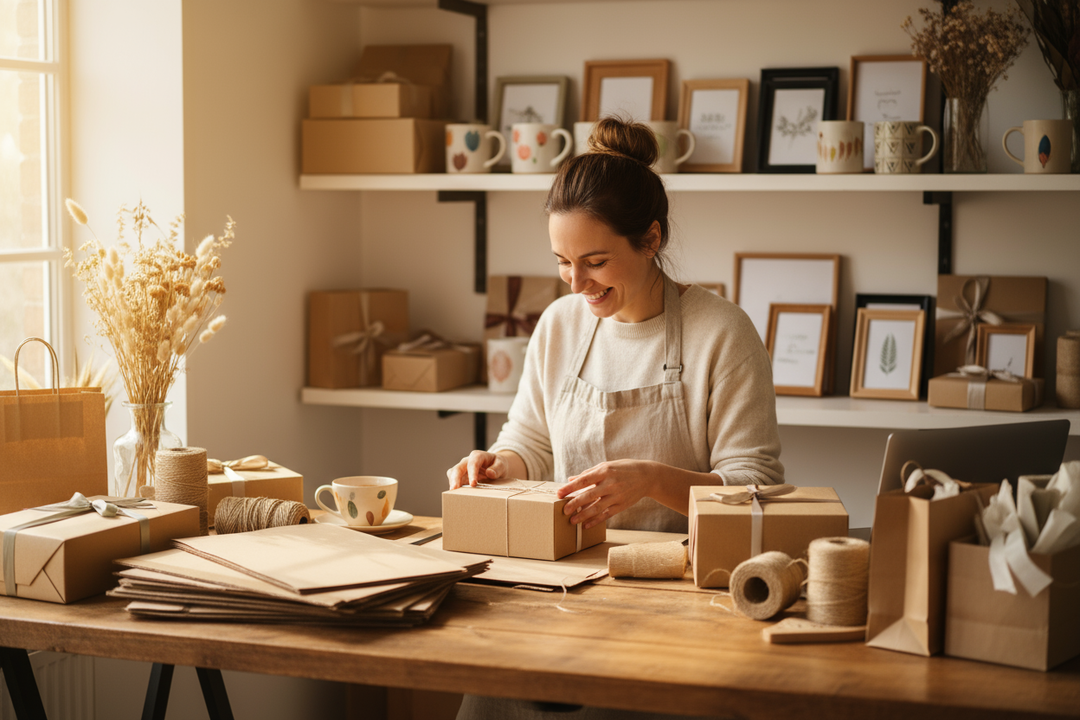 Small business owner working in a bright craft studio, smiling, surrounded by packaging materials, mugs, frames, and gift boxes, warm lighting, shallow depth of field, authentic and inspiring atmosphere, lifestyle photo with premium natural tones.