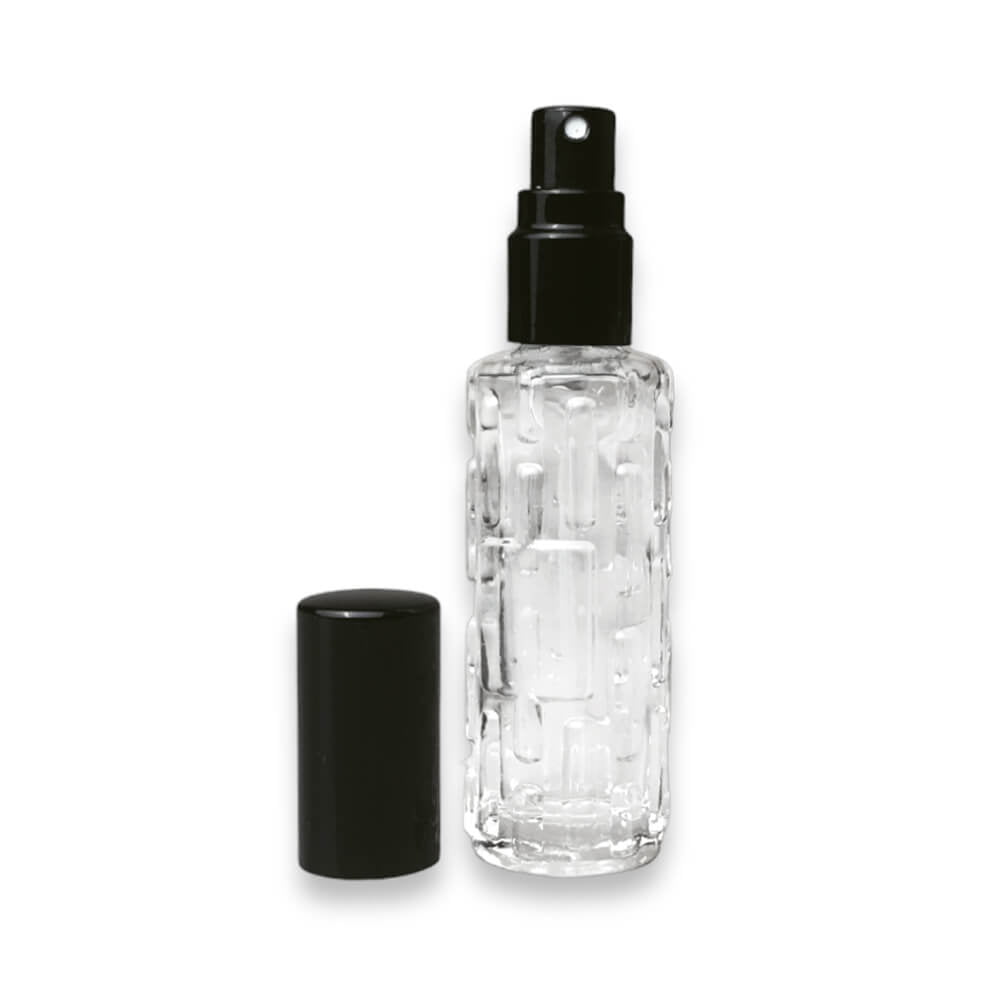 Sticluță transparentă reutilizabilă model liniar cu spray și capac negru 10 ml - CraftUp