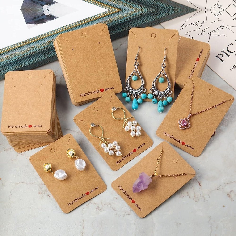 Suport cercei și colier din hârtie cu mesaj Handmade - kraft (set 100 buc) 6x9cm - CraftUp
