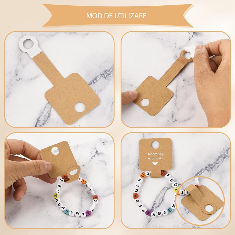 Suport pătrat cu adeziv și mesaj Handmade with love - alb (set 100 buc) - CraftUp