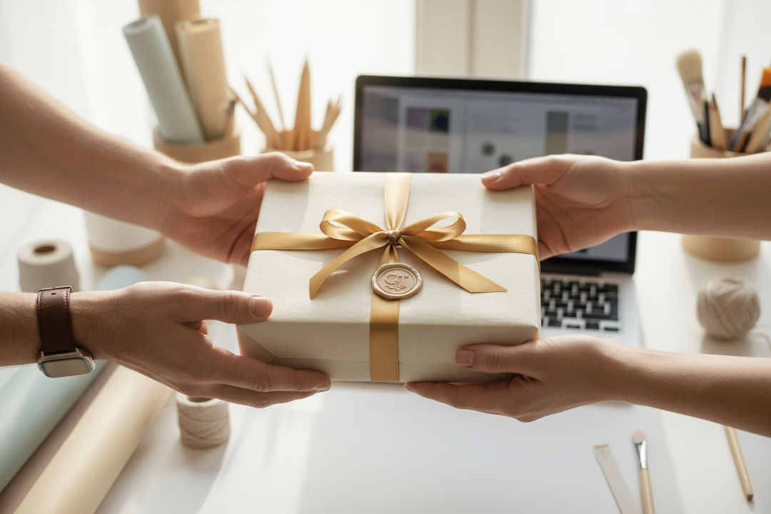 Two hands exchanging a beautifully wrapped package in front of a bright workspace background, soft warm light, focus on the package in the center, blurred background with craft materials and a laptop, realistic lifestyle image symbolizing trust and collaboration, premium minimalist tone.