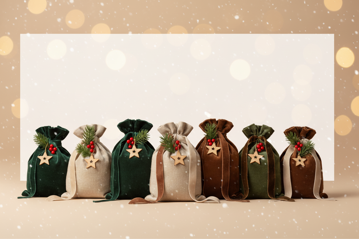 Use this exact image as the base.
Turn it into a wide panoramic hero banner with about a 3:1 aspect ratio. Keep the same warm beige background, bokeh lights and falling snow, and keep the velvet Christmas gift bags exactly as they are, but move and scale them slightly so they sit lower in the frame, along the bottom third of the image.
Add a large soft-edged, semi-transparent white rectangular overlay in the center of the image, spanning most of the width and height but stopping just above the tops of the b